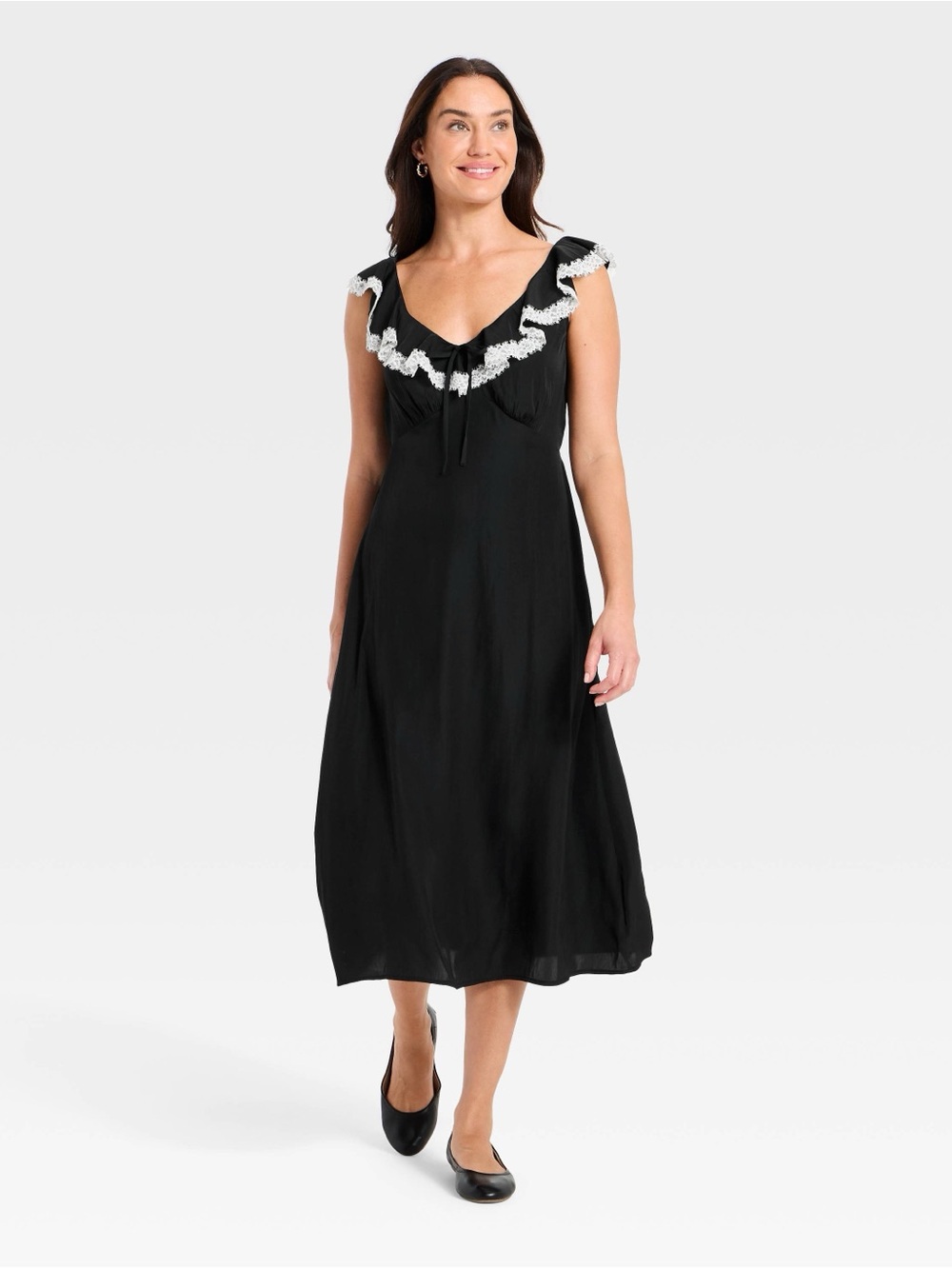 Universal Thread Women’s Sleeveless Ruffle Lace Midi A-Line Dress Black White XS